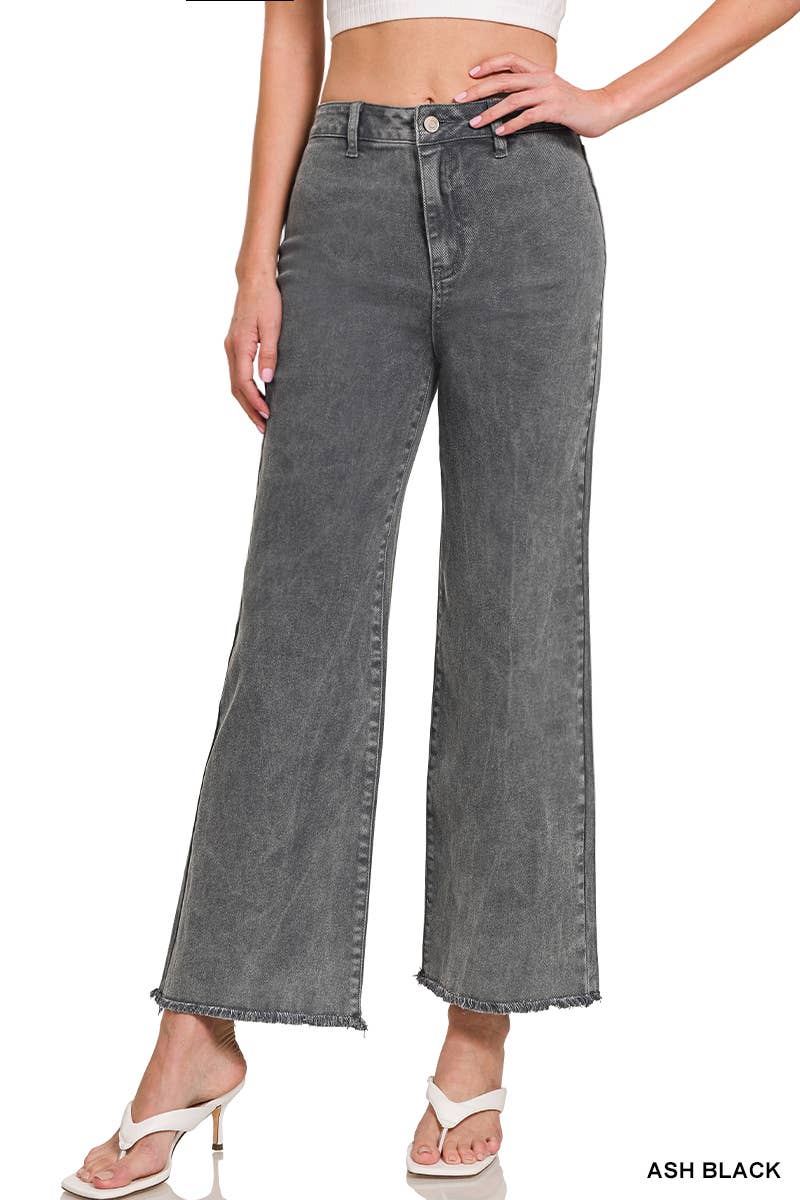 Acid Washed Frayed Cutoff Hem Straight Wide Pants Zenana