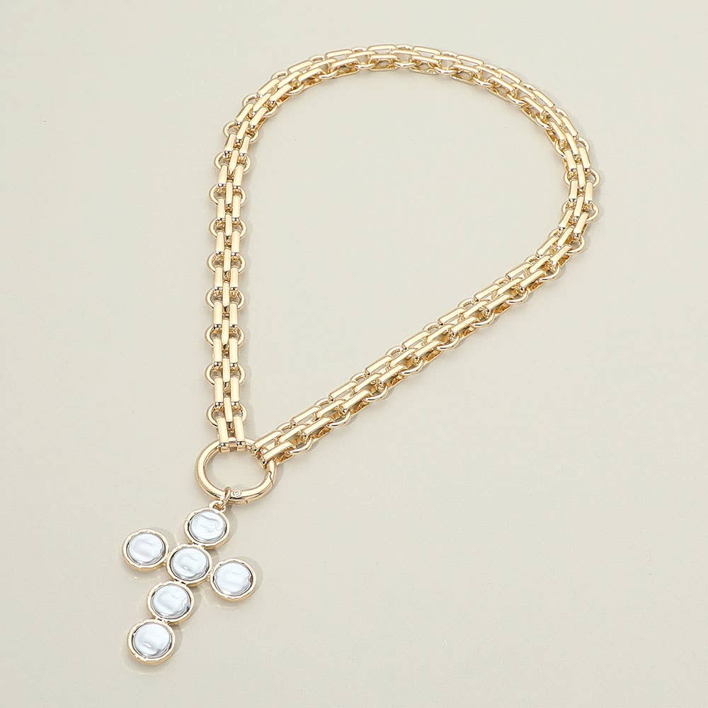 Pearl Cross Charm Pendant Chunky Chain Statement Necklace