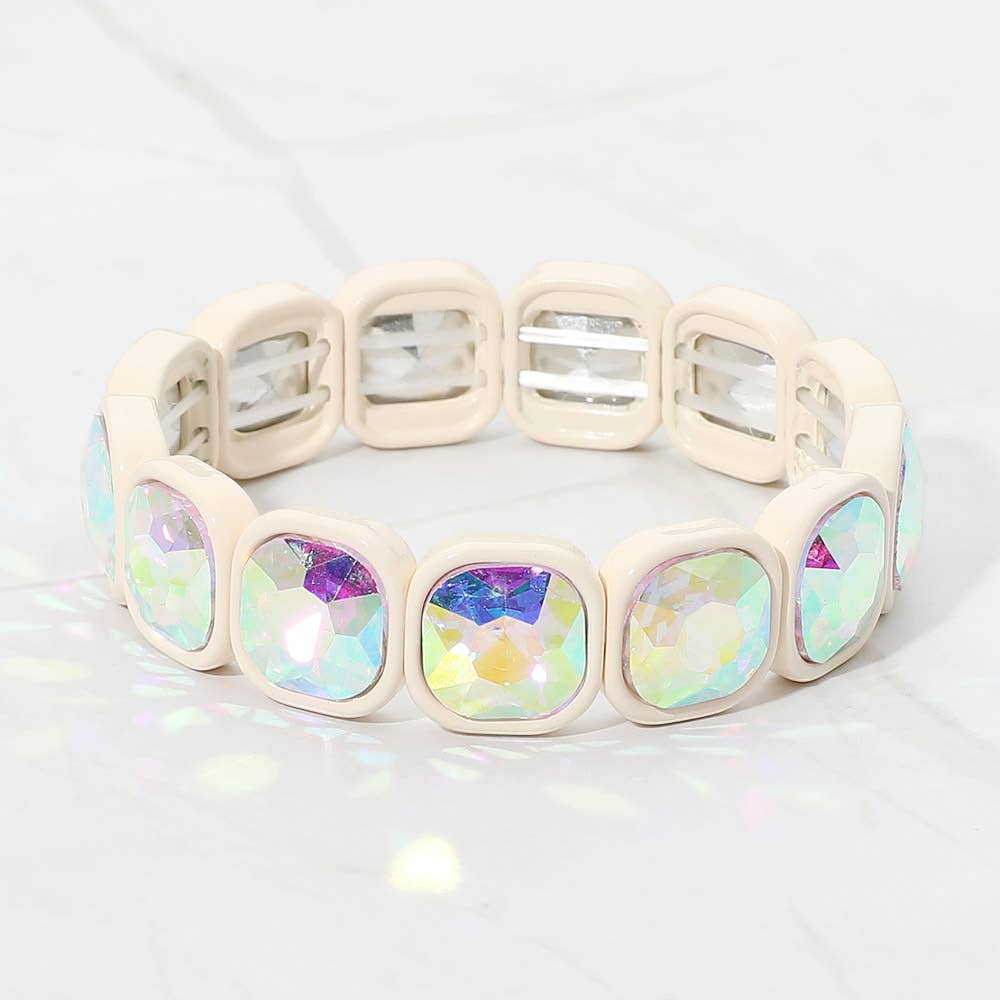 Faceted Cushion Gem Beaded Stretch Bracelet