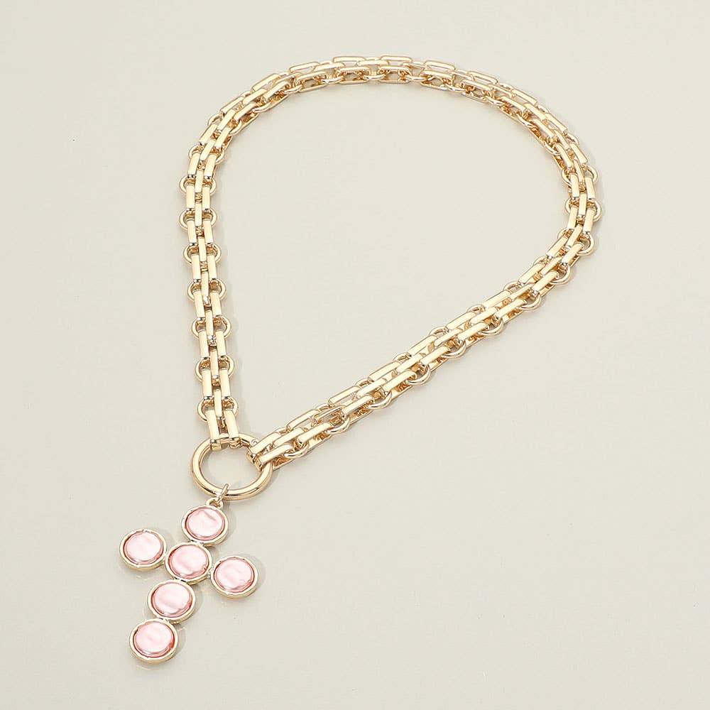 Pearl Cross Charm Pendant Chunky Chain Statement Necklace