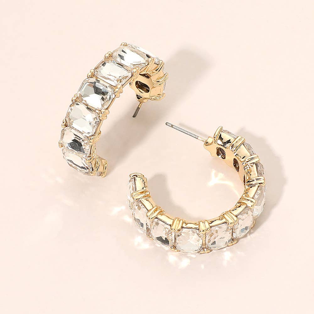 Faceted Rectangular Gem Curved Hoop Earrings
