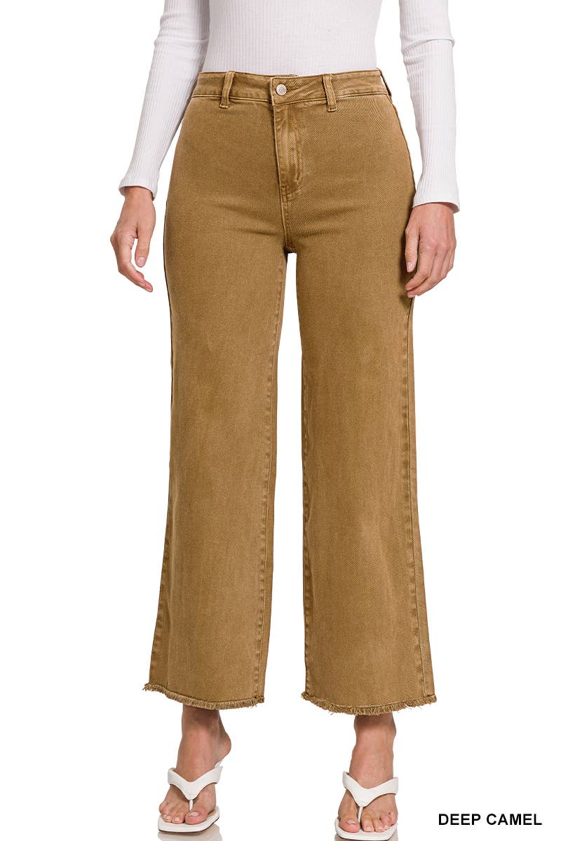 Acid Washed Frayed Cutoff Hem Straight Wide Pants Zenana