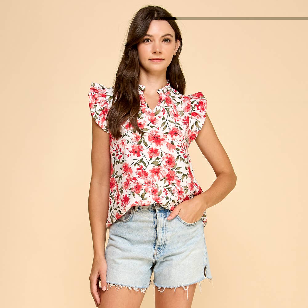 Floral Printed V Neck Top with Ruffled Neck and Sleeves