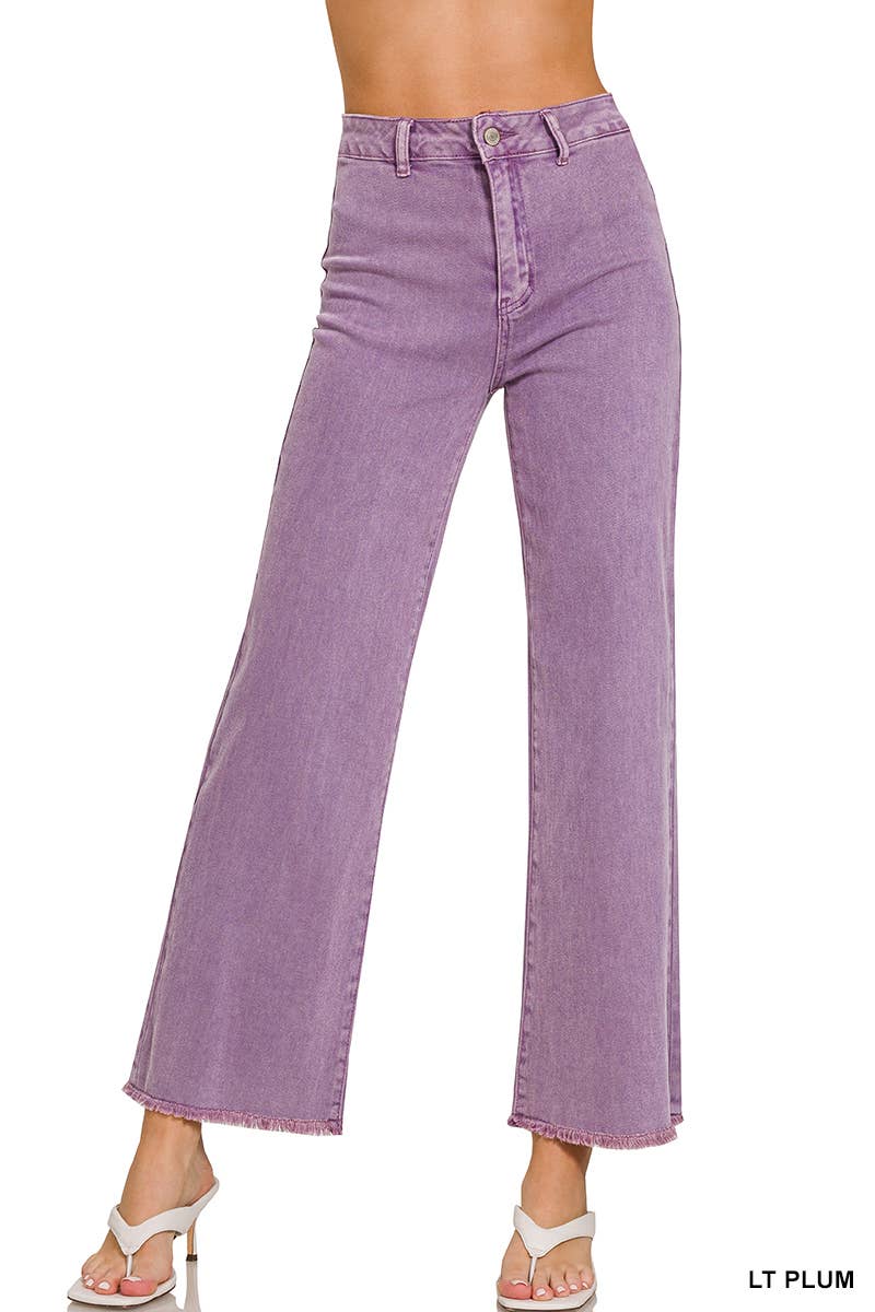 Acid Washed Frayed Cutoff Hem Straight Wide Pants Zenana
