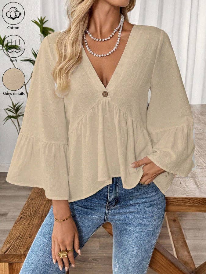 Cotton V-Neck Ruffle Sleeve Top Flowy Loose Blouse