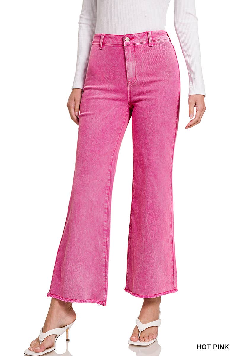 Acid Washed Frayed Cutoff Hem Straight Wide Pants Zenana