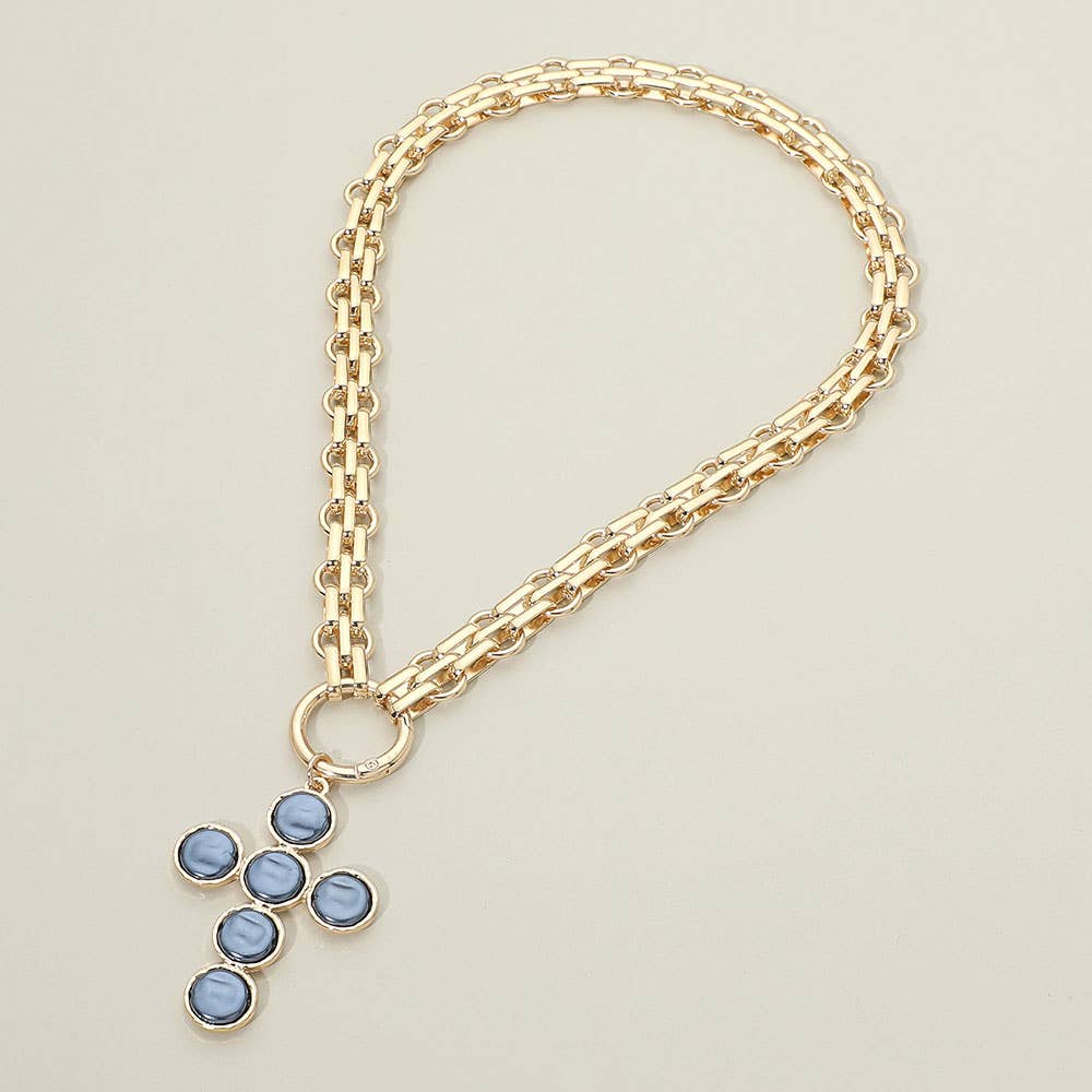 Pearl Cross Charm Pendant Chunky Chain Statement Necklace