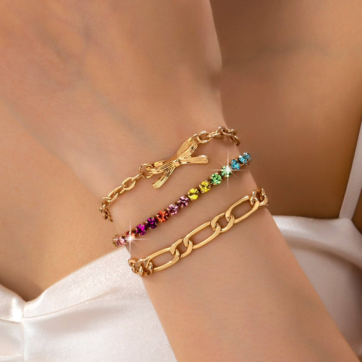 Multi Rainbow Crystals & Mixed Chains Bracelet | 80B1646