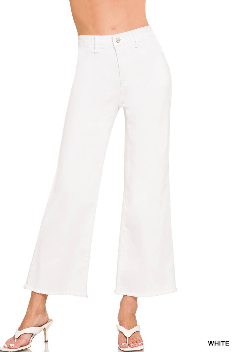 Acid Washed Frayed Cutoff Hem Straight Wide Pants Zenana
