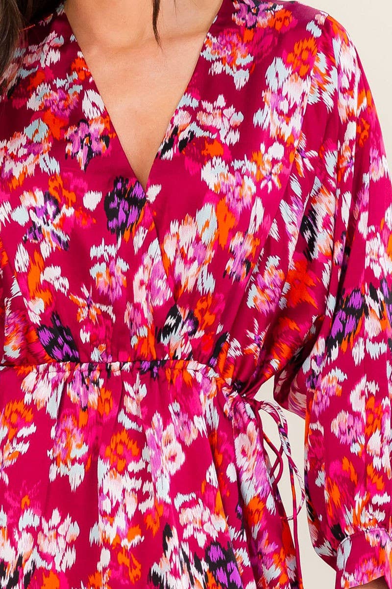 LONG SLEEVE SURPLICE FLORAL PRINT MINI DRESS