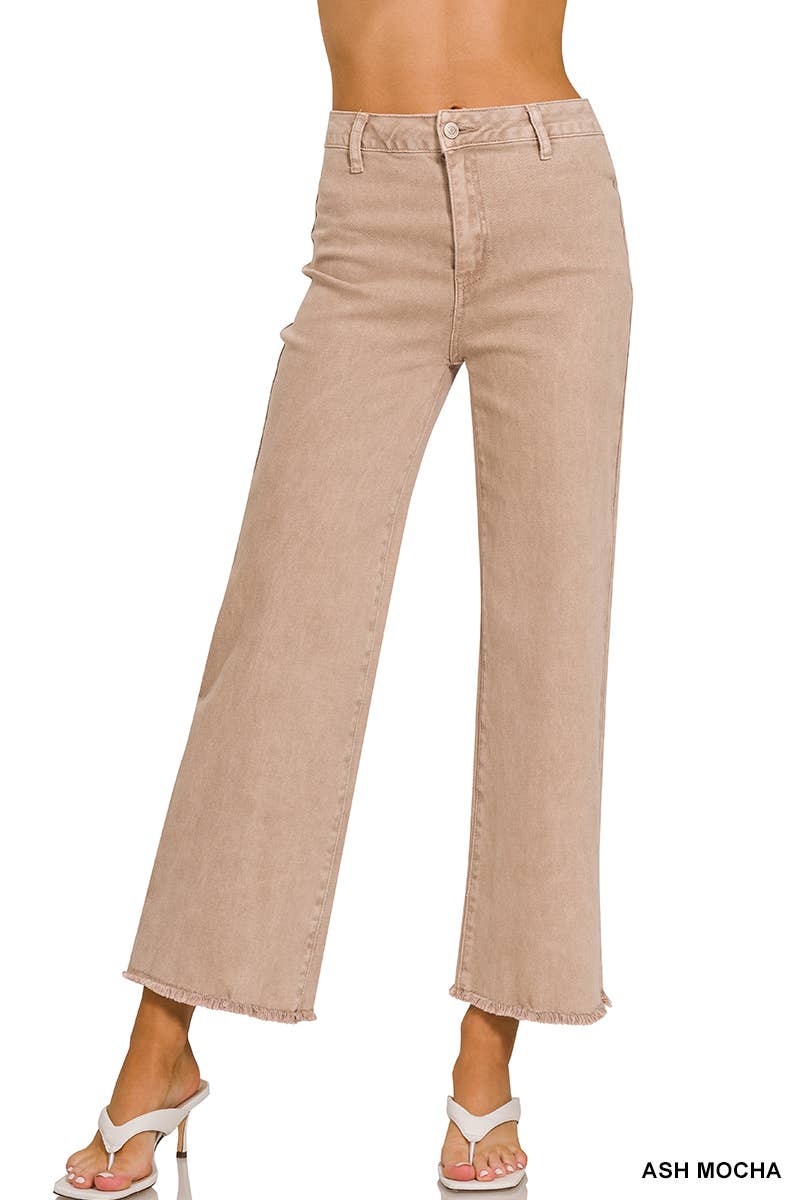 Acid Washed Frayed Cutoff Hem Straight Wide Pants Zenana