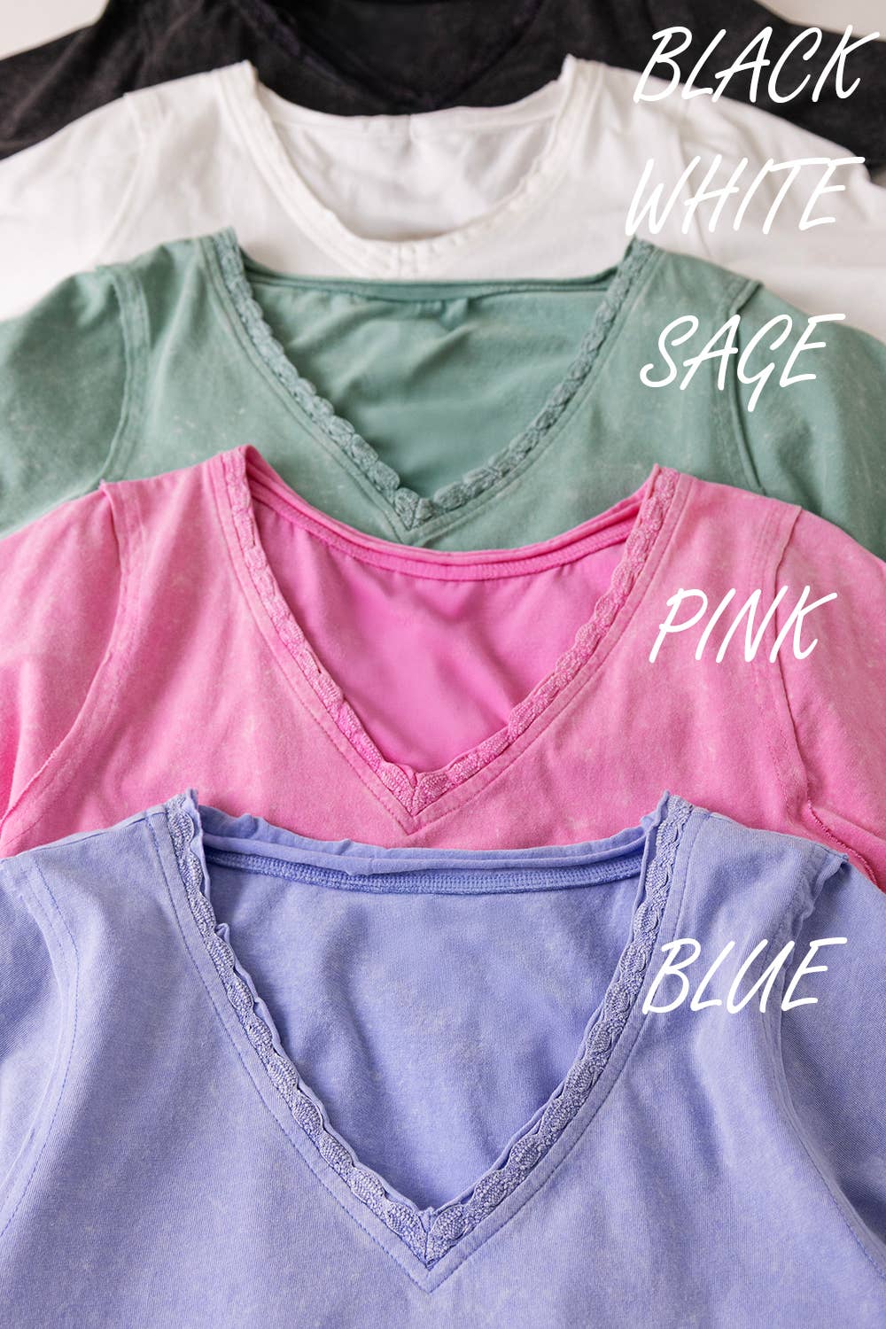 NT12466-Lace Trim Detail Mineral Washed V-Neck Knit Top