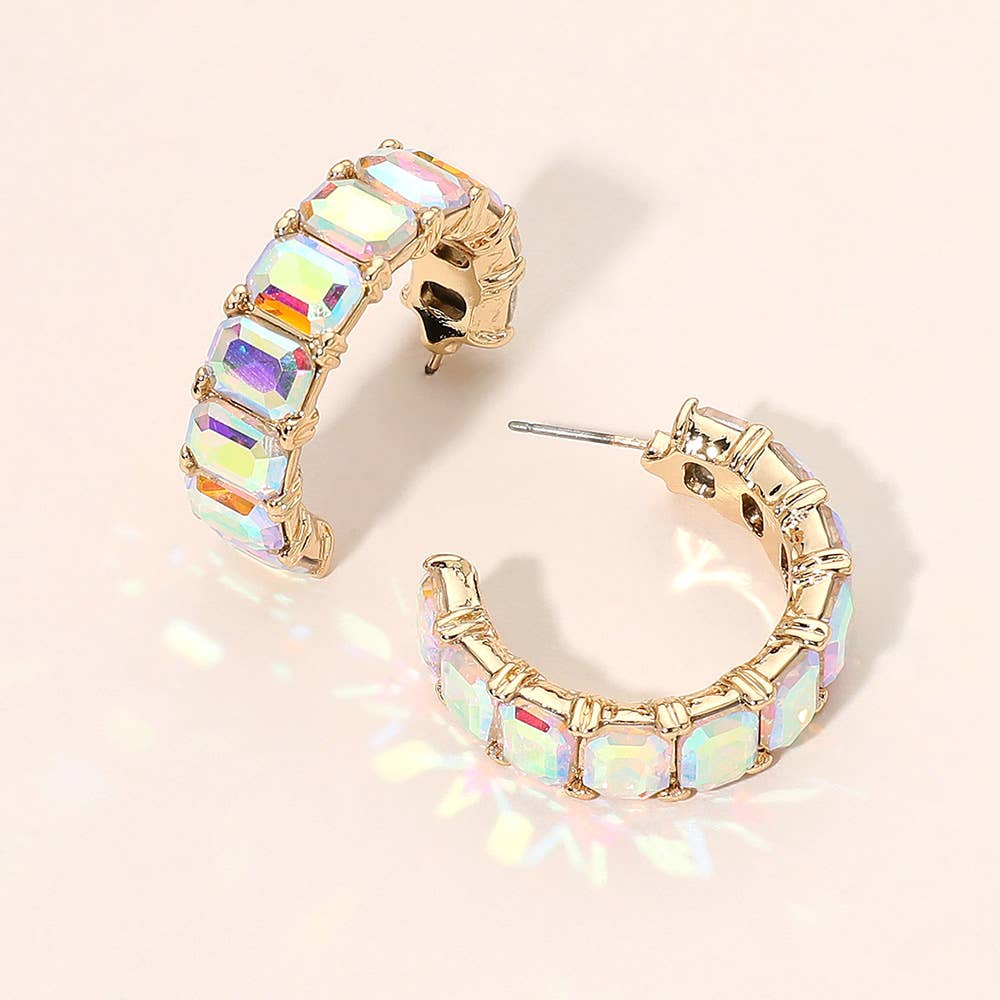Faceted Rectangular Gem Curved Hoop Earrings