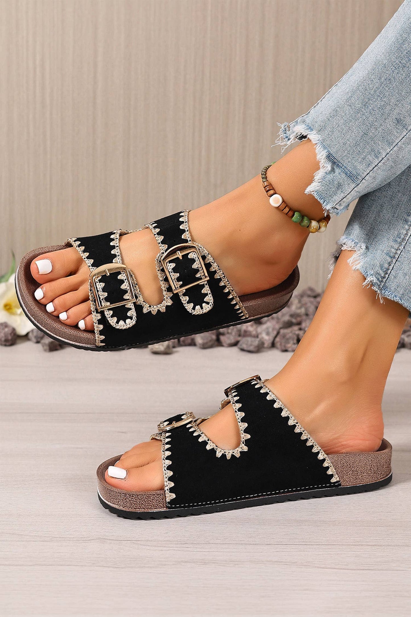 LAS Embroidered Retro Buckle Faux Suede Slippers (37-42)