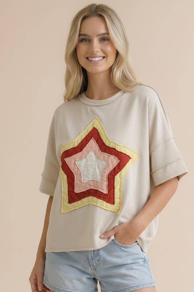 Short Sleeve Multi Color Star Patchwork Top