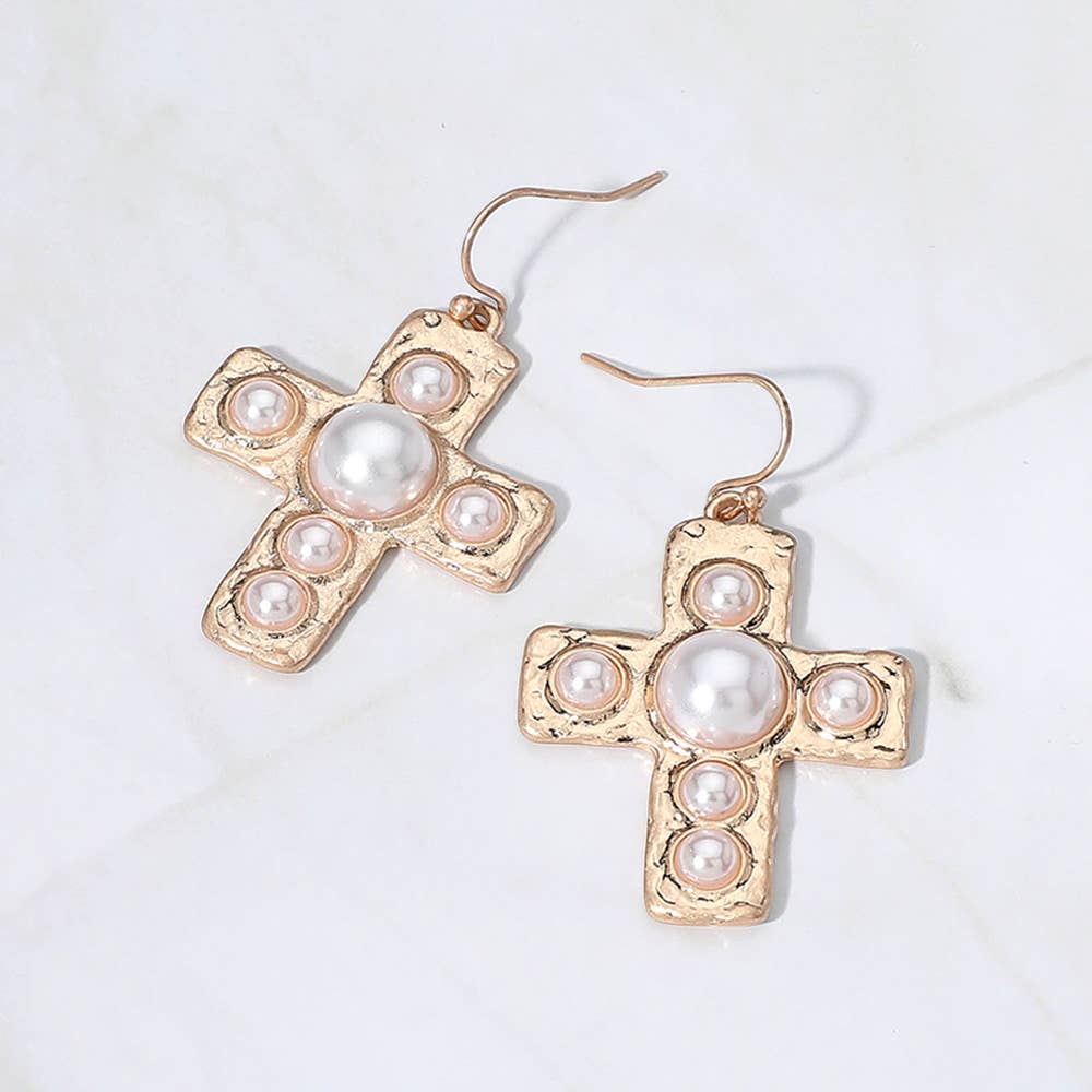 Turquoise Pearl Cross Dangle Earrings