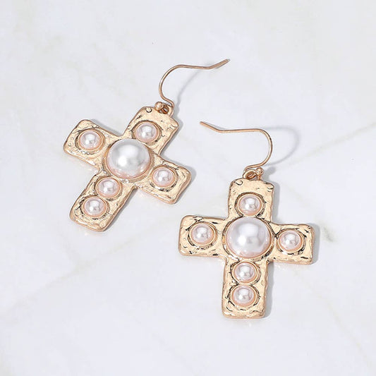 Turquoise Pearl Cross Dangle Earrings