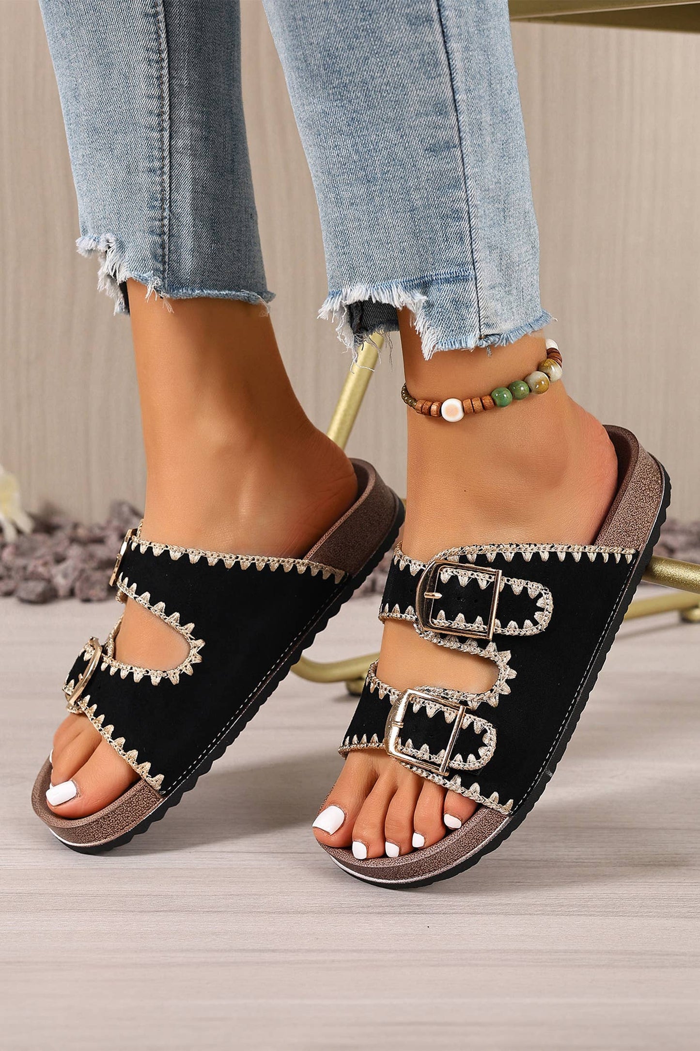 LAS Embroidered Retro Buckle Faux Suede Slippers (37-42)
