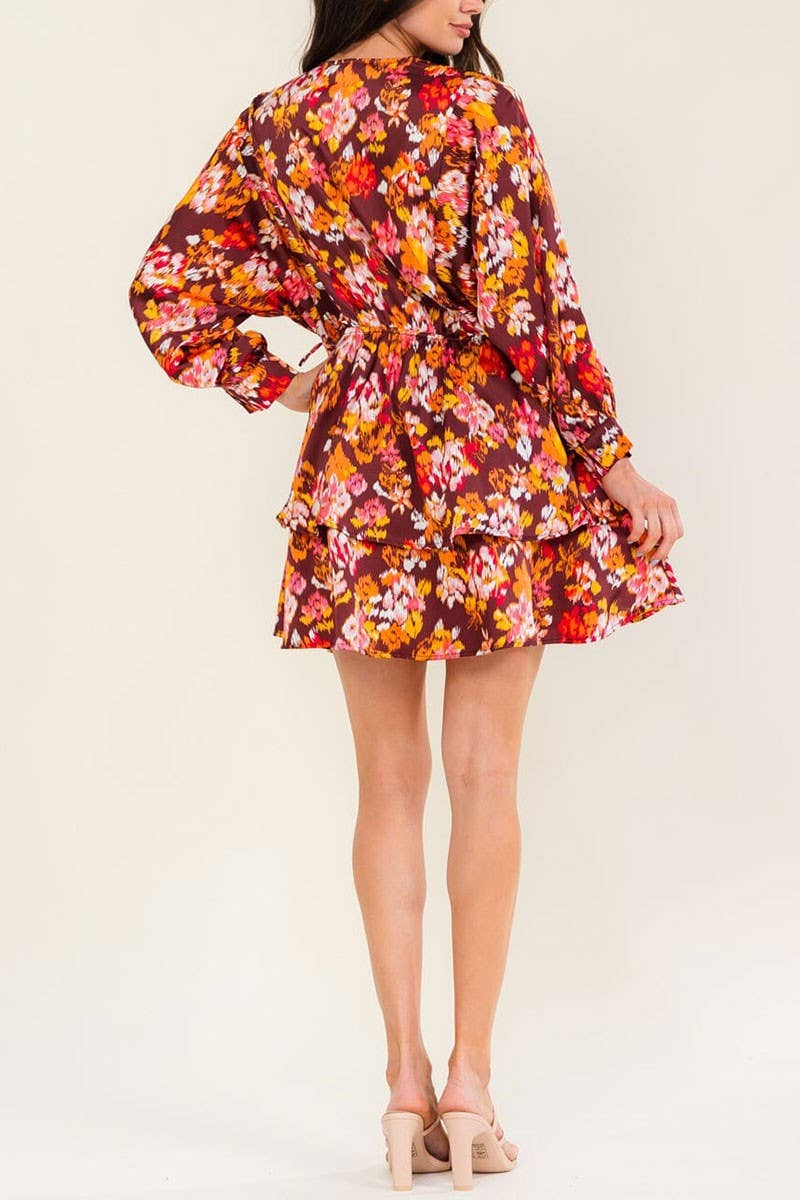 LONG SLEEVE SURPLICE FLORAL PRINT MINI DRESS