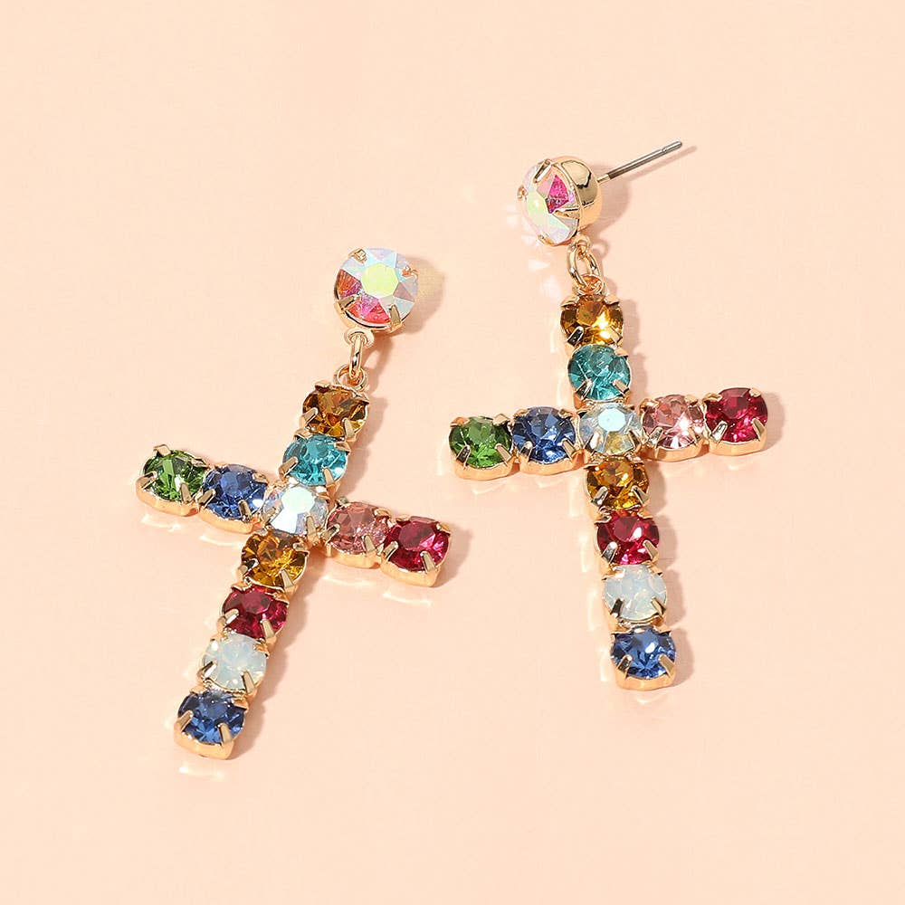 Round Gem Cross Charm Drop Statement Earrings