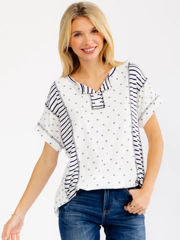 Mixed Print Contrast Henley Top 6/20