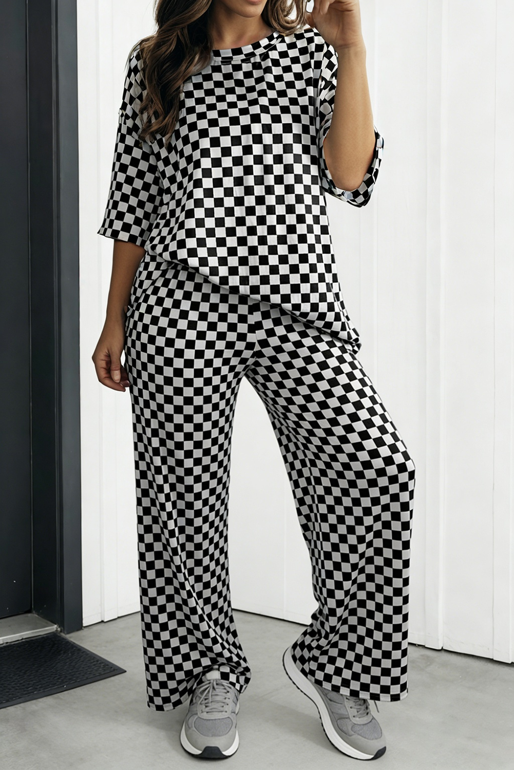 LAS Checkered Print Half Sleeve Tee 2pcs Lounge Pant (S-XL)