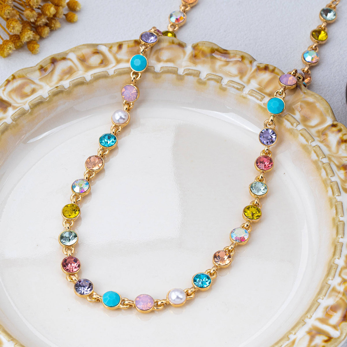 Multi Color Crystal & Pearl Tennis-Style Necklace | 80N93257