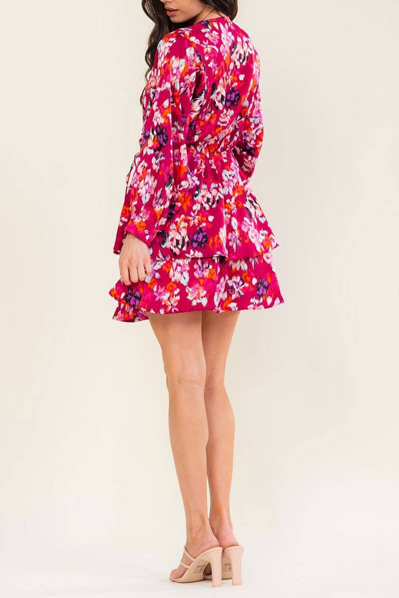 LONG SLEEVE SURPLICE FLORAL PRINT MINI DRESS