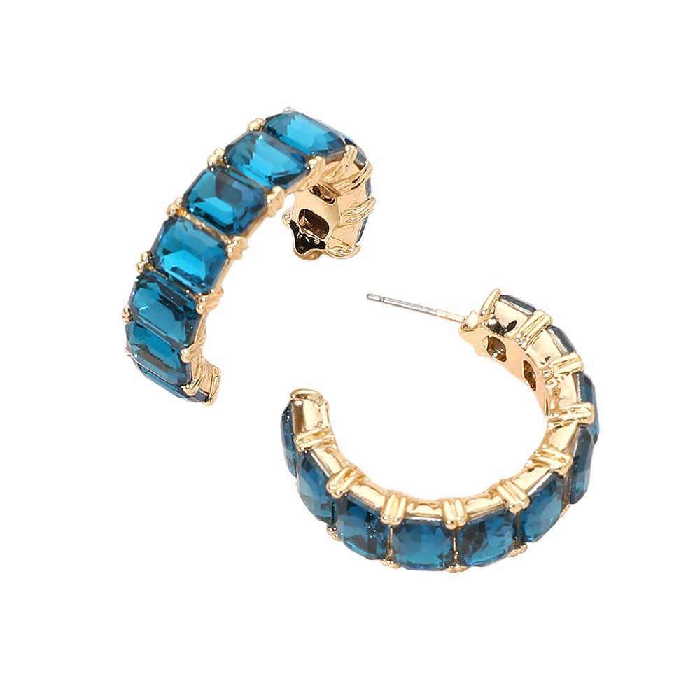 Faceted Rectangular Gem Curved Hoop Earrings