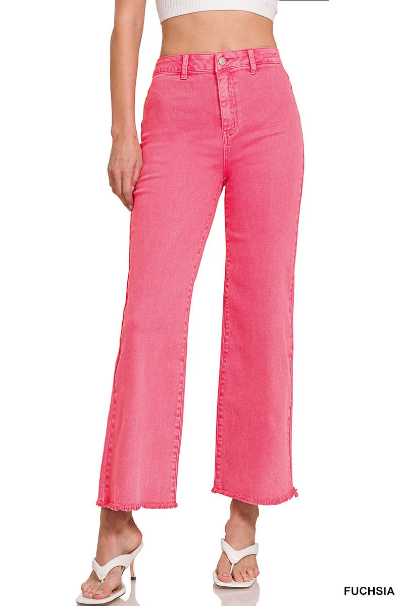 Acid Washed Frayed Cutoff Hem Straight Wide Pants Zenana