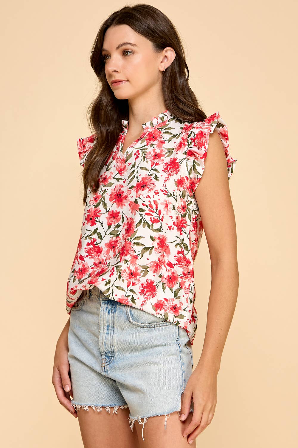 Floral Printed V Neck Top with Ruffled Neck and Sleeves