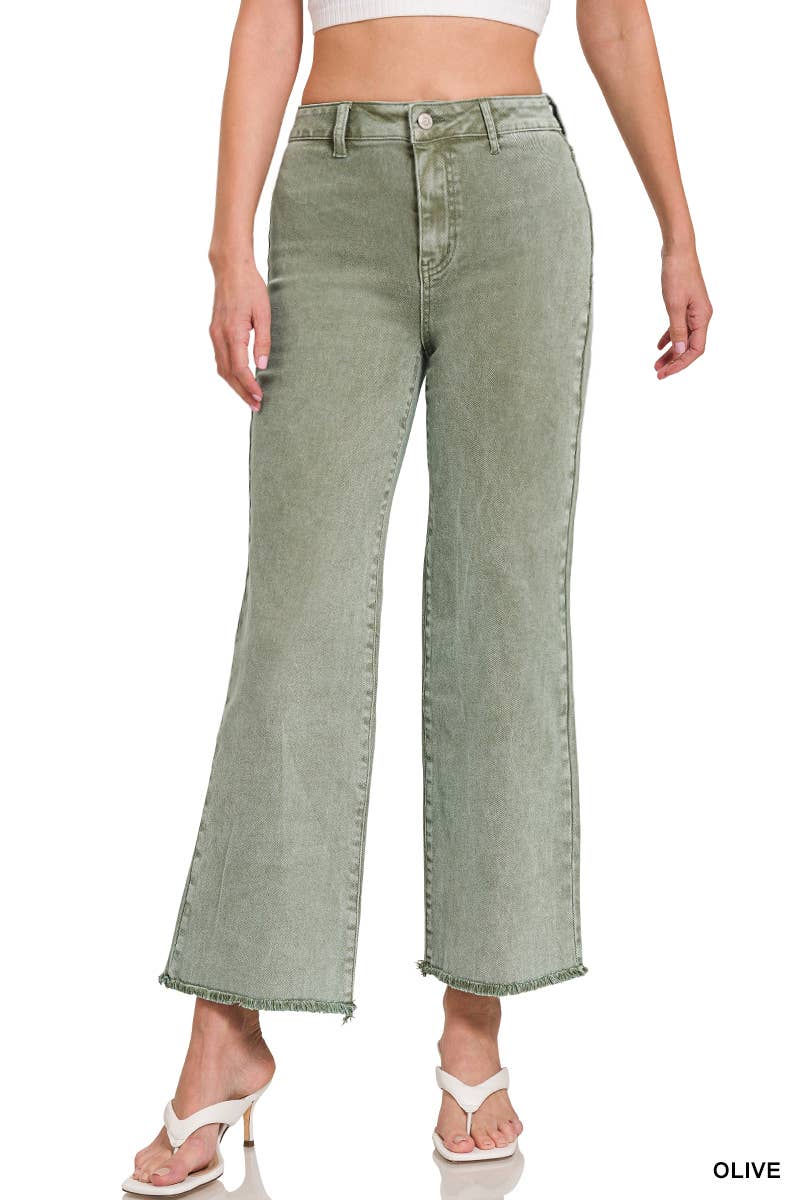 Acid Washed Frayed Cutoff Hem Straight Wide Pants Zenana