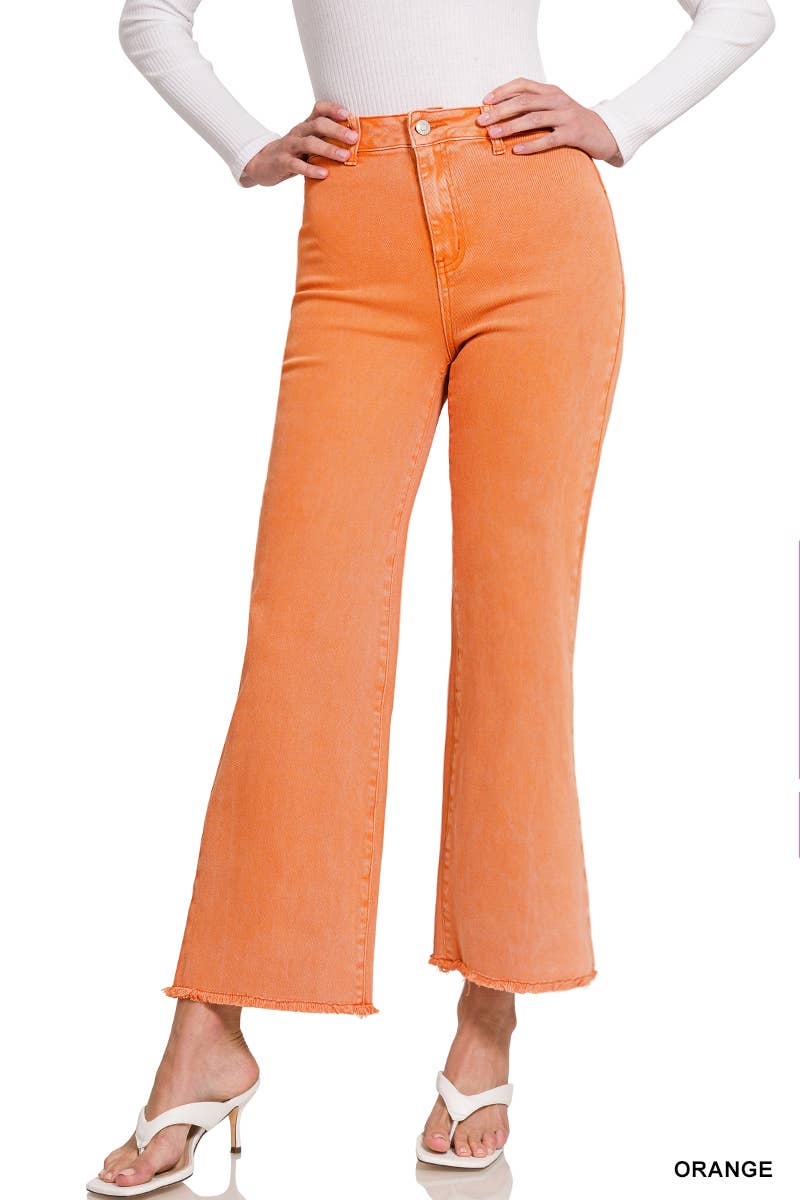 Acid Washed Frayed Cutoff Hem Straight Wide Pants Zenana