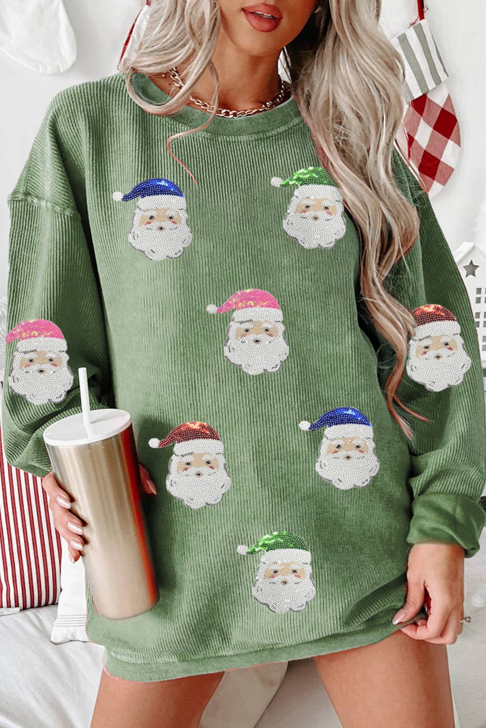 Real Sequin Patched Santa Claus Graphic Sweatshirt