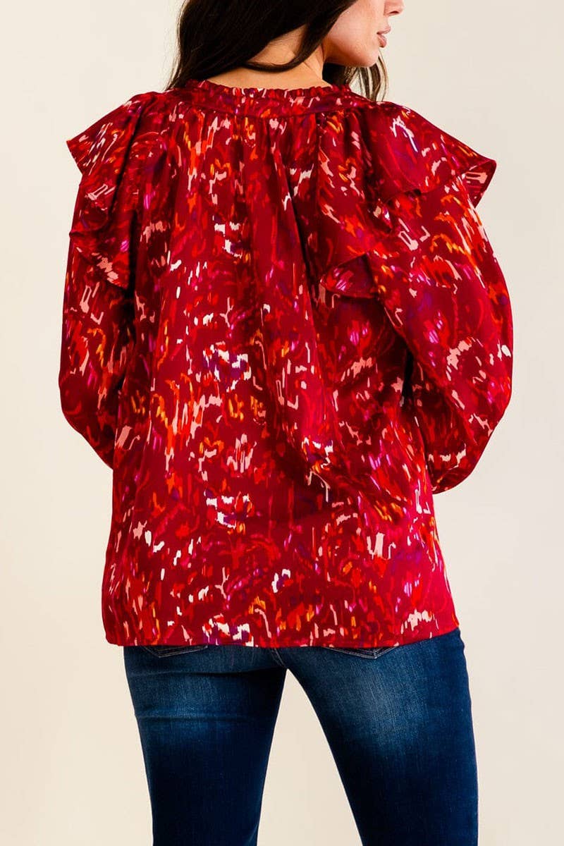 3/4 SLEEVE V-NECK MULTI PRINT BLOUSE