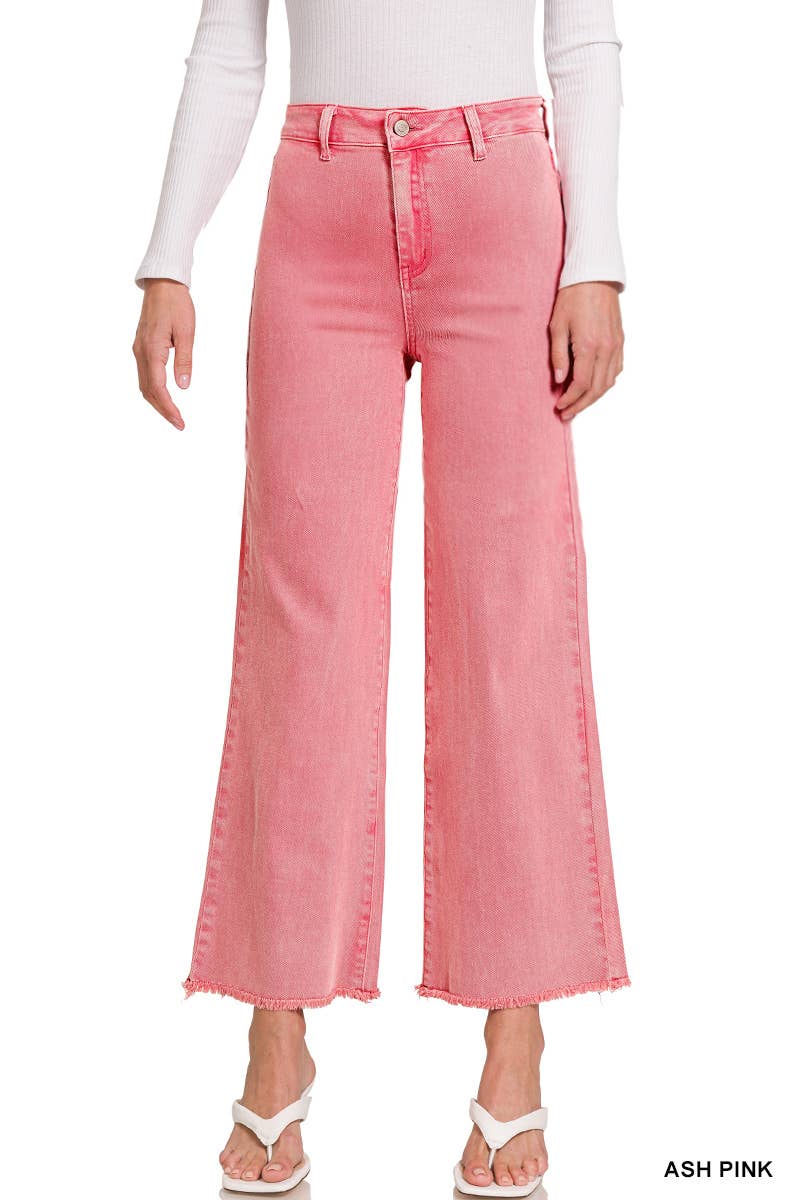 Acid Washed Frayed Cutoff Hem Straight Wide Pants Zenana