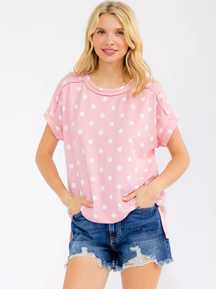 Polka Dot Rib Knit Short Sleeve Top 6/20