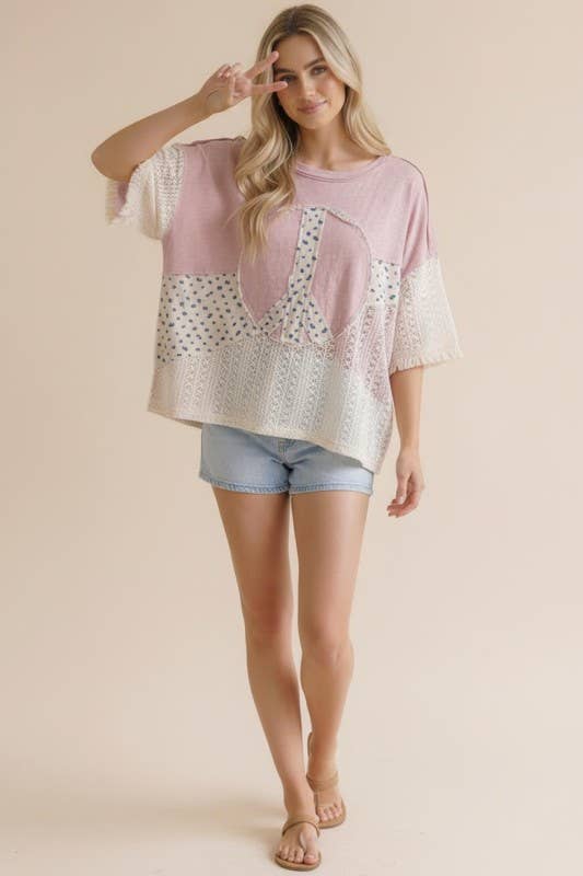 Peace Patches Floral and Crochet Knit Top