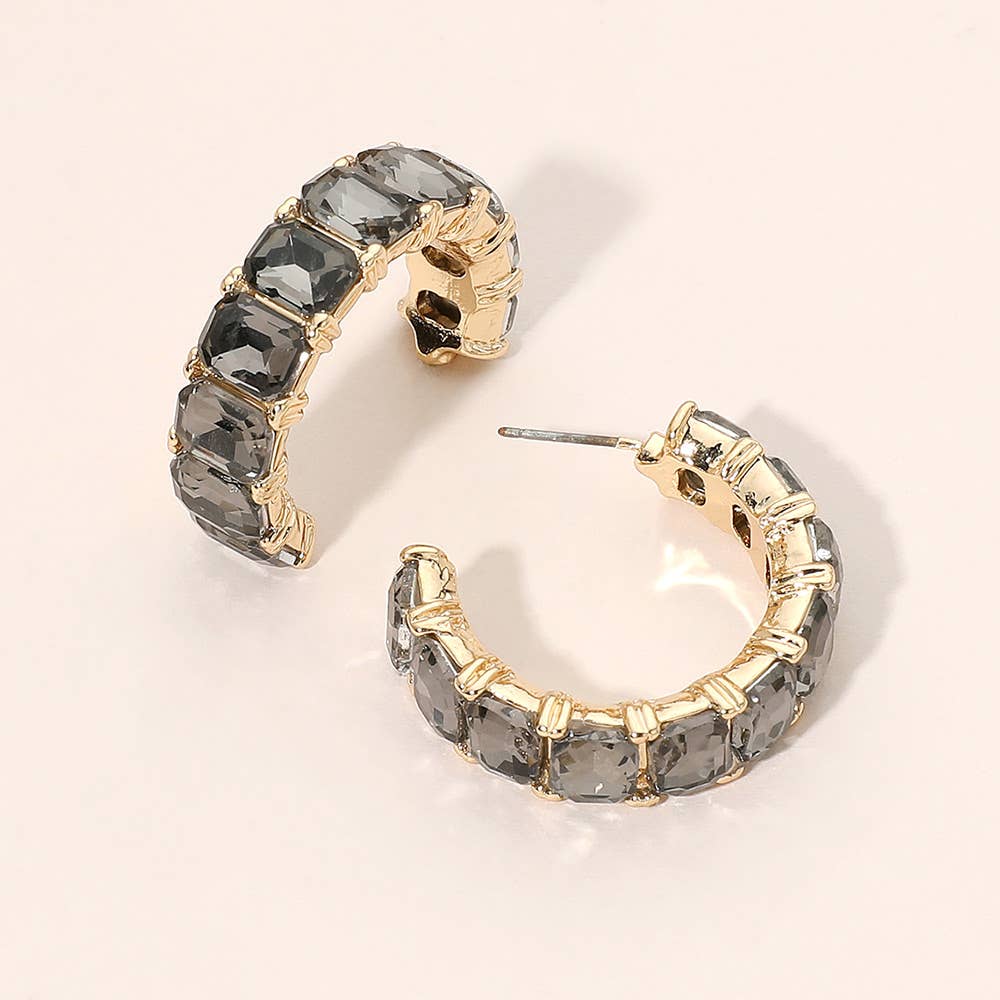 Faceted Rectangular Gem Curved Hoop Earrings