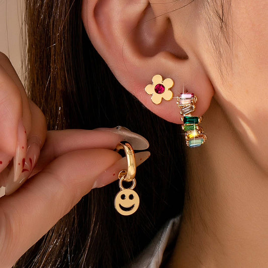 Rainbow Crystal, Smiley, and Floral Trio Earrings | 80E62109