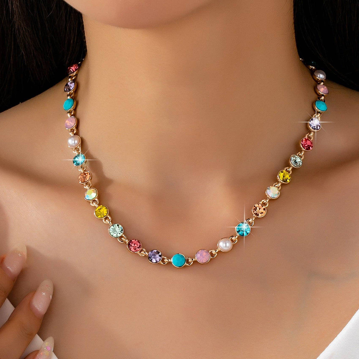 Multi Color Crystal & Pearl Tennis-Style Necklace | 80N93257