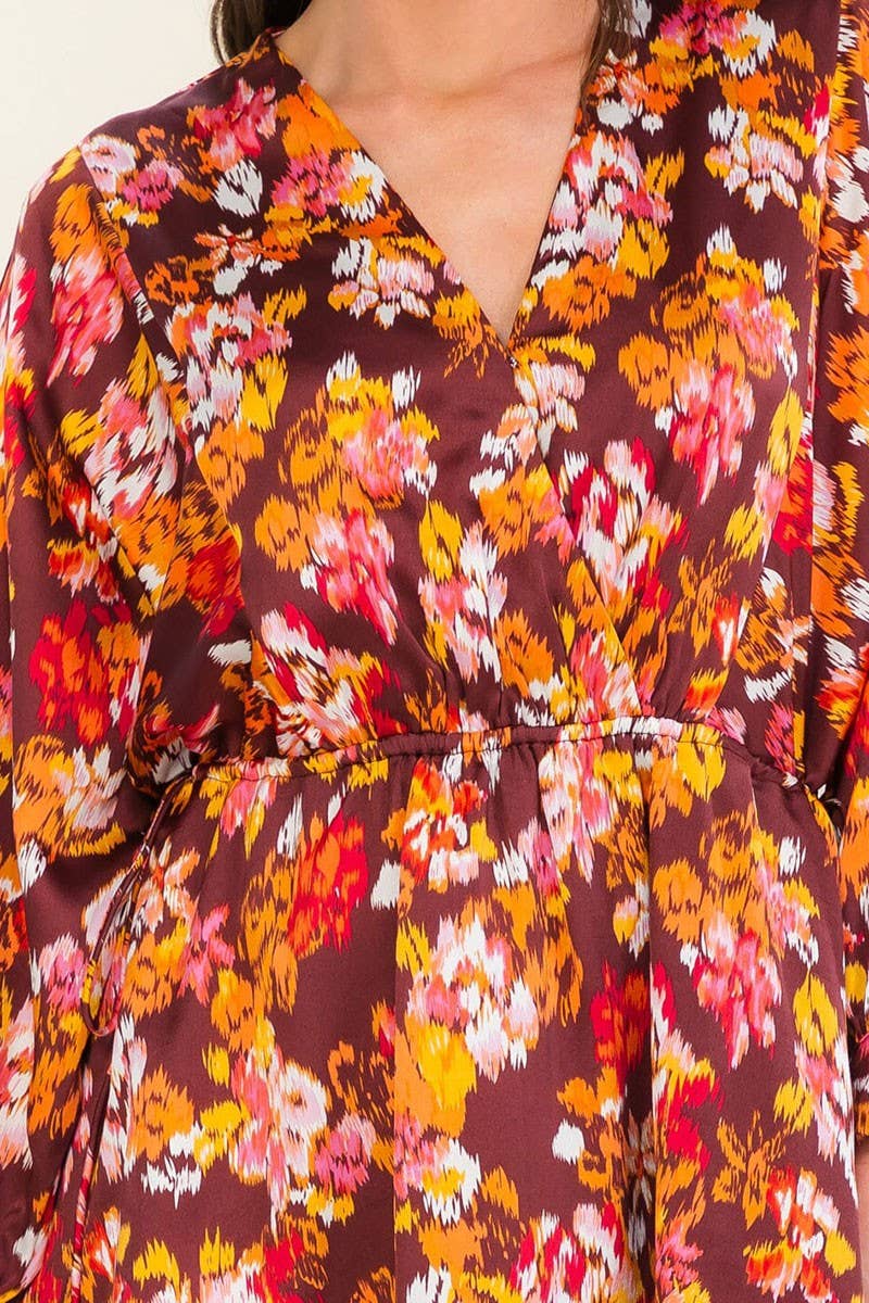 LONG SLEEVE SURPLICE FLORAL PRINT MINI DRESS