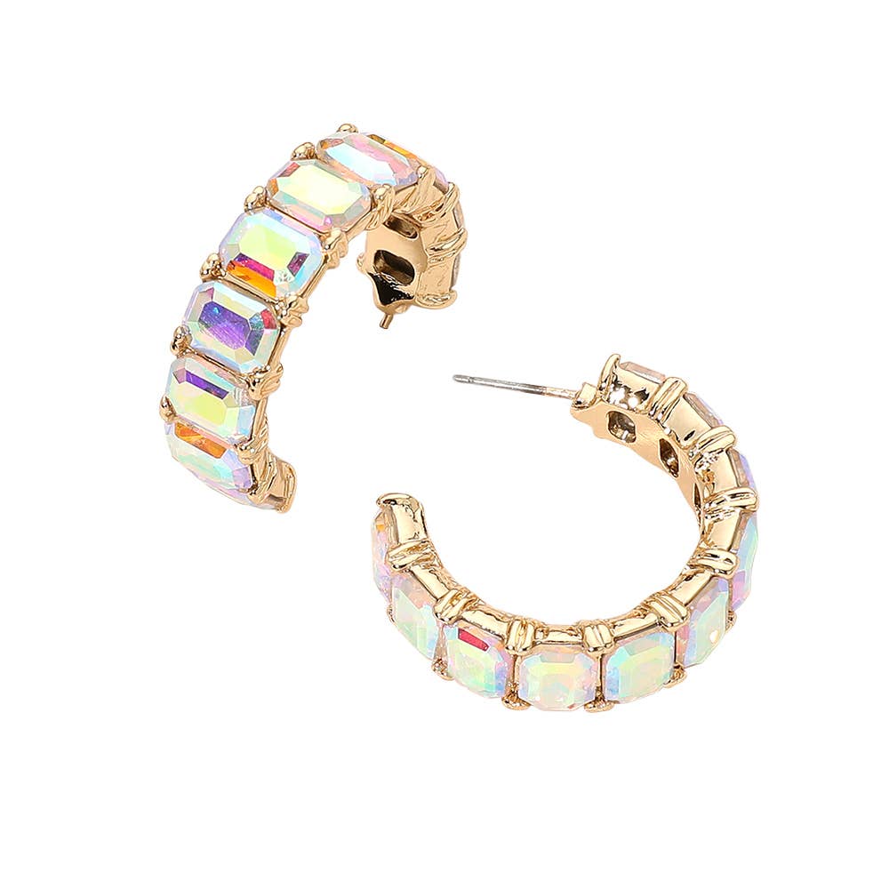 Faceted Rectangular Gem Curved Hoop Earrings
