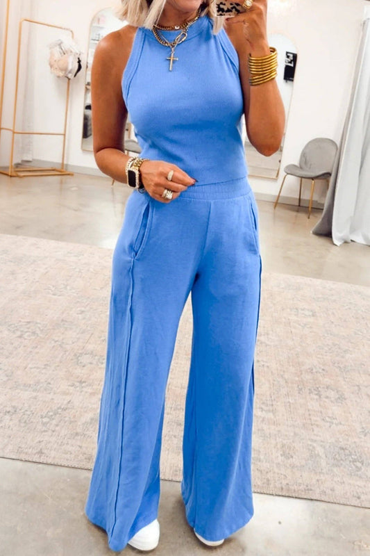 Blue Ribbed Tank and Wide Leg Pants Two Piece Lounge