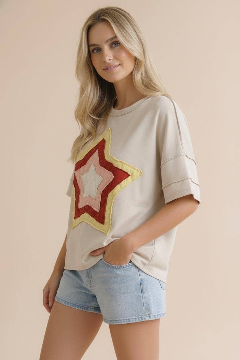 Short Sleeve Multi Color Star Patchwork Top