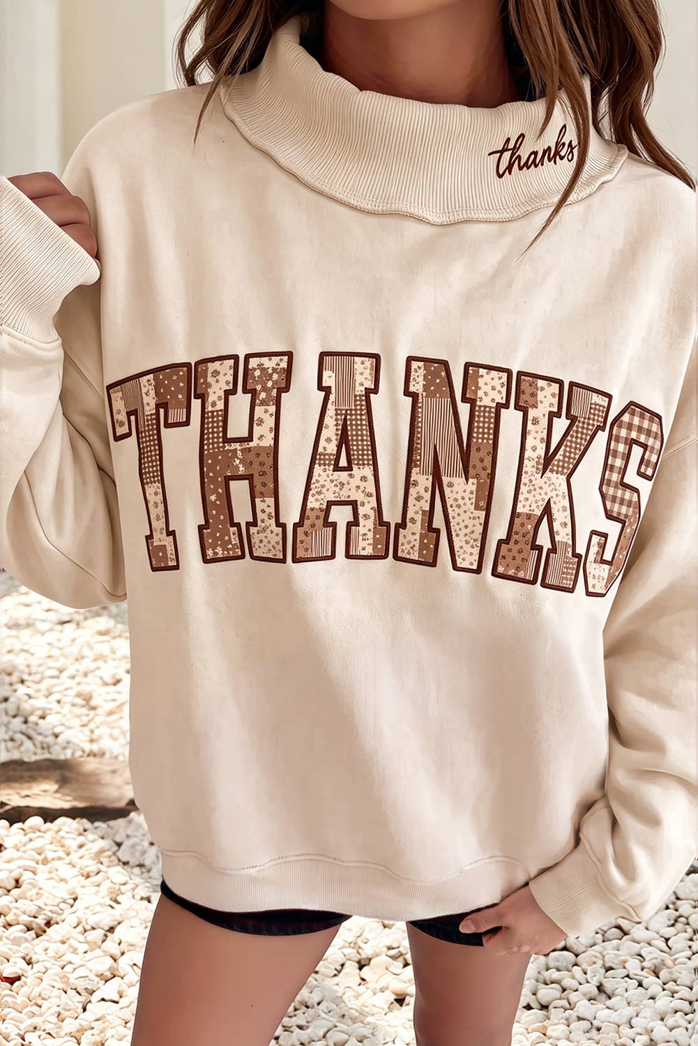 Thanksgiving Embroidered Letter Graphic Mock Neck Sweatshirt