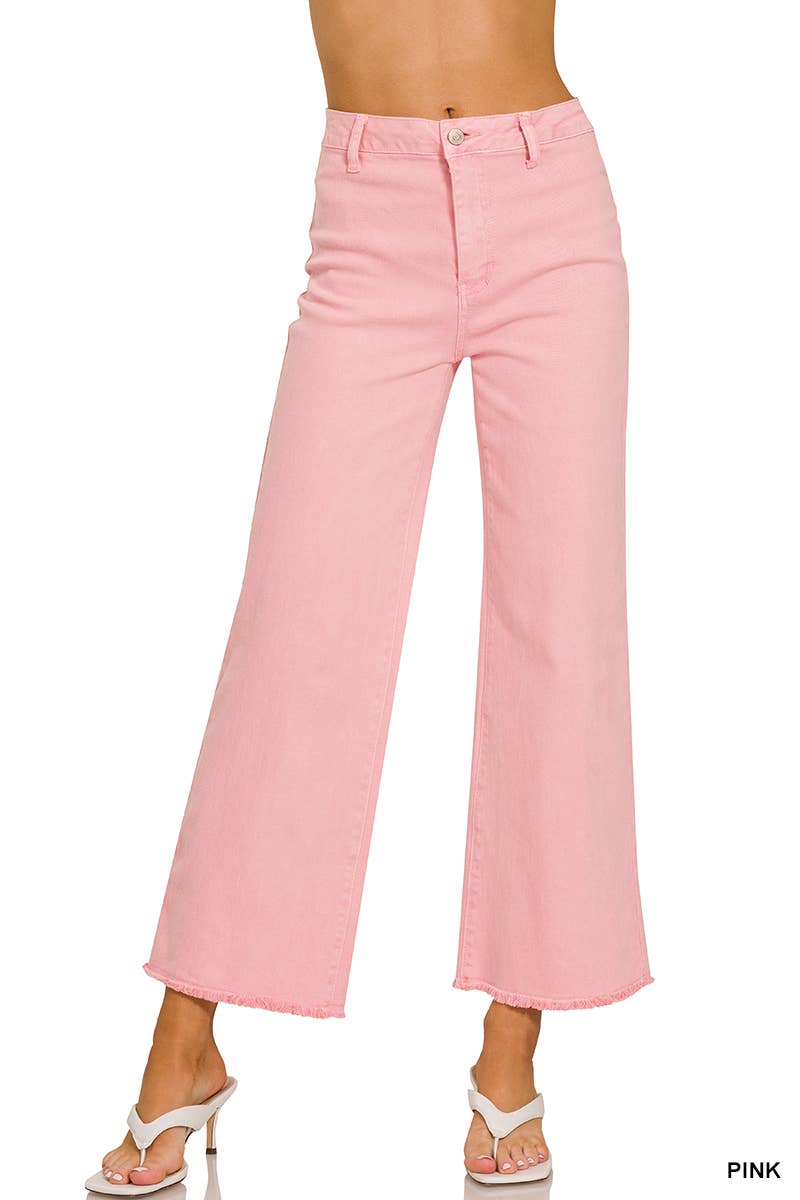 Acid Washed Frayed Cutoff Hem Straight Wide Pants Zenana