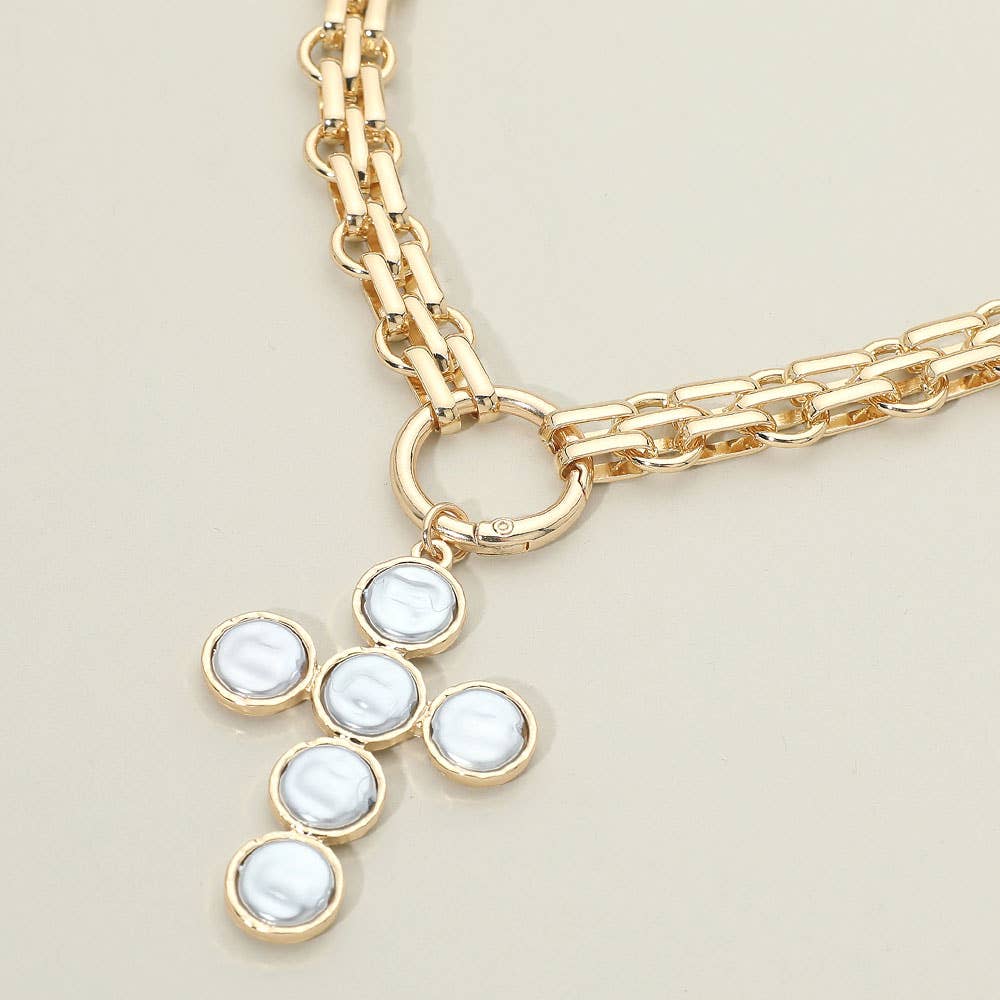 Pearl Cross Charm Pendant Chunky Chain Statement Necklace