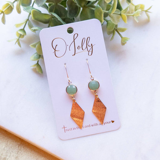 Green Glass Connector w/18k Gold Plated Rhombus Dangle Earrings “Sage”