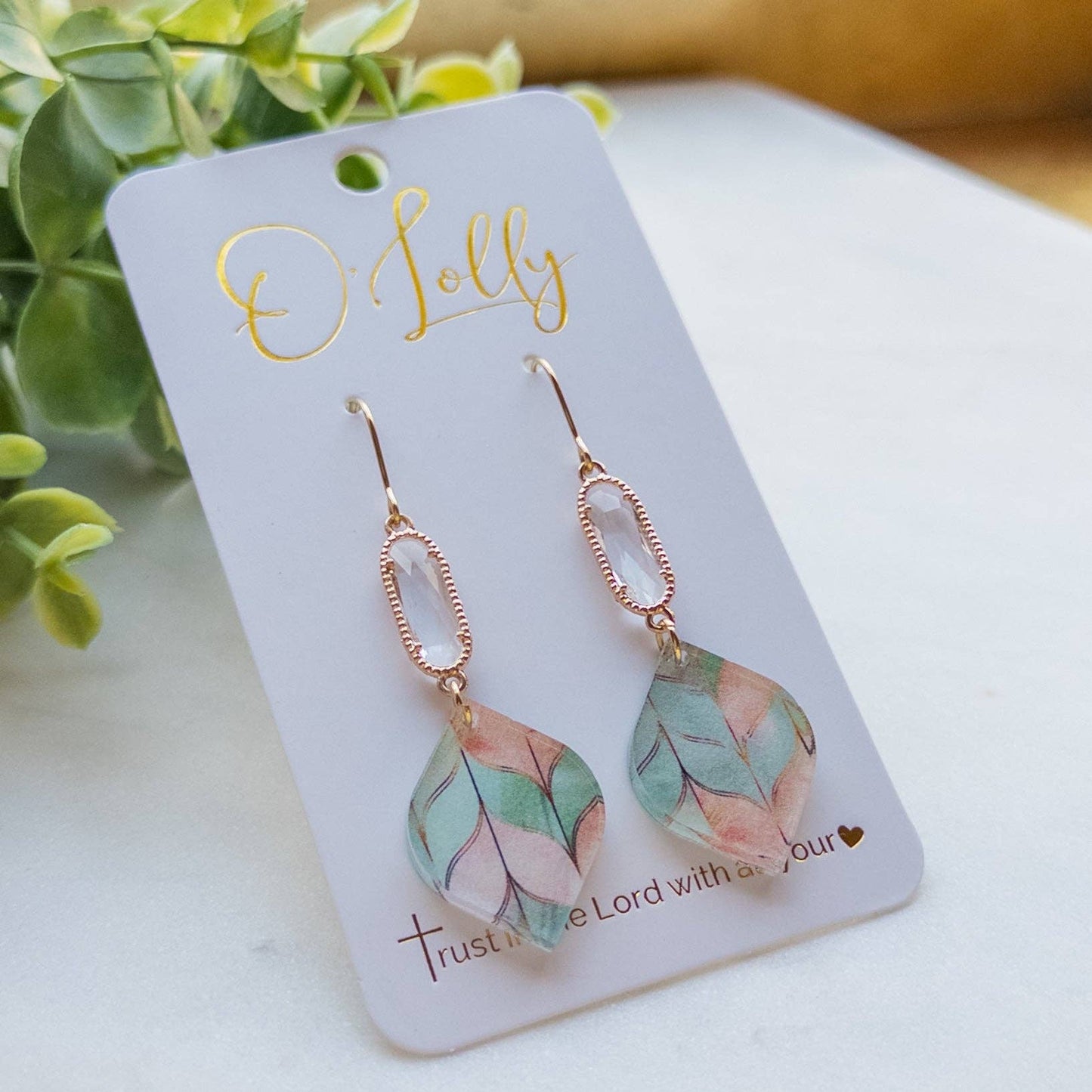 Clear Glass Connector w/Mint Colored Acrylic Dangle Earrings “Wren”